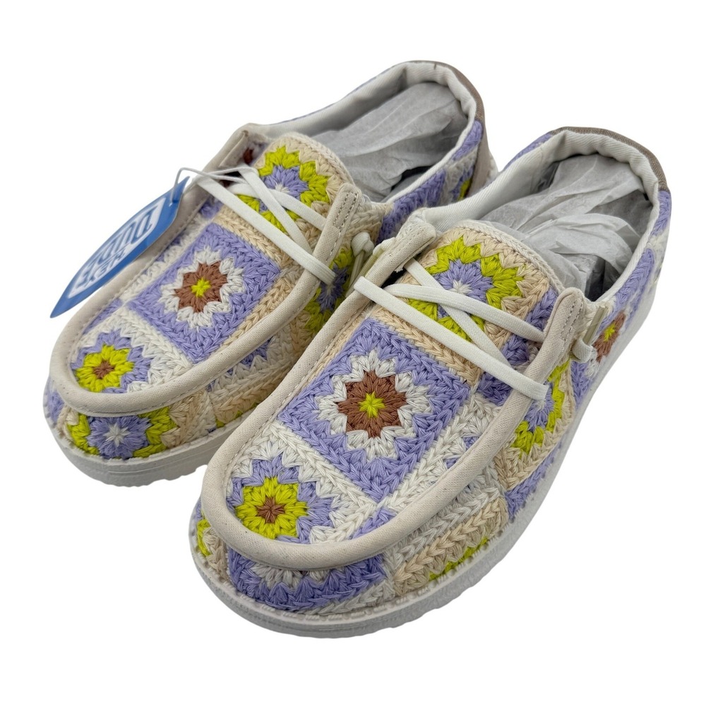 Hey Dude Wendy Cottage Crochet Slip On Shoe Lavender Women 5 Granny Square NWT